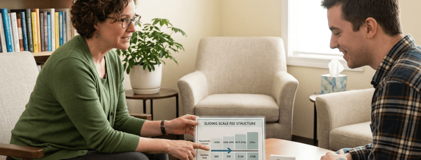 Therapist showing a sliding scale fee structure to a young male client